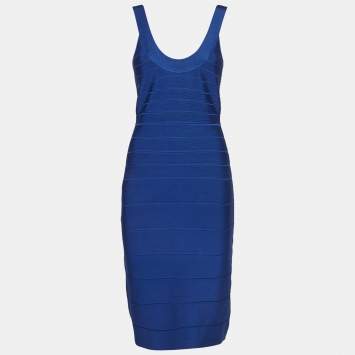 Pre Owned Herve Leger Blue Knit Sleeveless Bandage Dress S