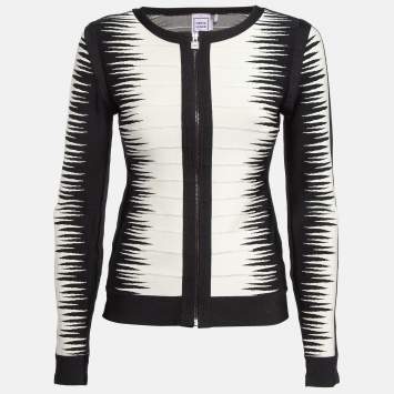 Pre Owned Herve Leger Black/White Patterned Knit Zip-Up Britt Jacket M