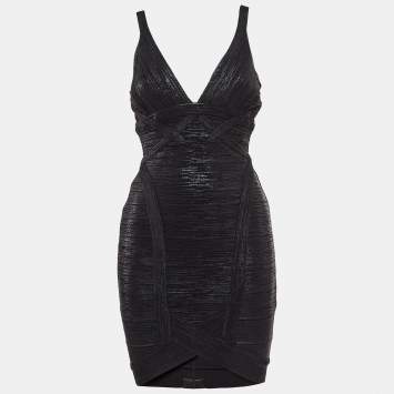 Pre Owned Herve Leger Black Printed Bandage Knit Mini Sleeveless Dress S