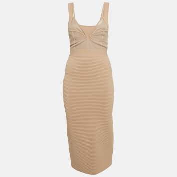 Pre Owned Herve Leger Beige Patterned Jersey Corset Midi Dress S