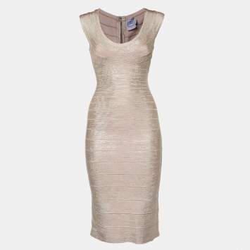 Pre Owned Herve Leger Metallic Pink Bandage Jersey Short Maira Dress S