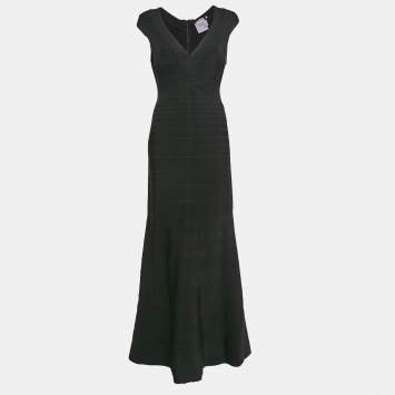 Pre Owned Herve Leger Black Stretch Bandage Knit Flared Maxi Dress L
