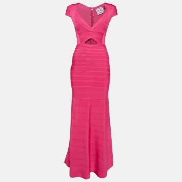 Pre Owned Herve Leger Pink Bandage Knit Cap Sleeve Flared Gown S