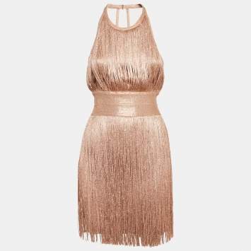 Pre Owned Herve Leger Gold Lurex Jersey Fringed Mini Dress XS