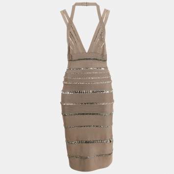 Pre Owned Herve Leger Tan Brown Bandage Knit Crystal Embellished Cut-Out Bodycon Dress S