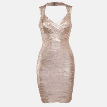 Pre Owned Herve Leger Pink Coated Knit Bandage Knit Sleeveless Bodycon Dress S
