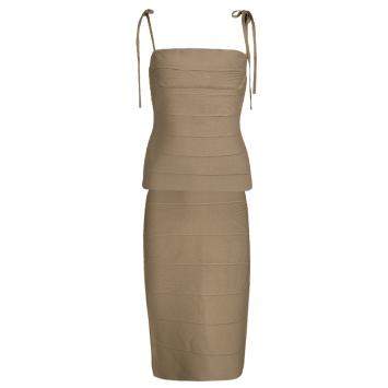 Pre Owned Herve Leger Brown Bandage Tie Detail Top and Skirt Set M