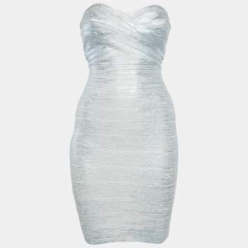 Herve Leger Blue Coated Knit Strapless Bandage Dress XS