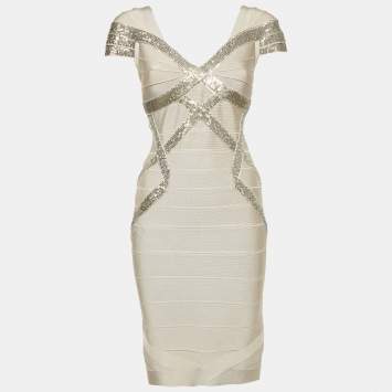 Herve Leger Beige/Khaki Sequin Embellished Knit Bandage Dress S