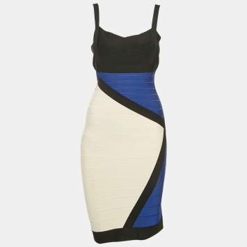 Pre Owned Herve Leger Colorblocked Bandage Knit Reona Dress M