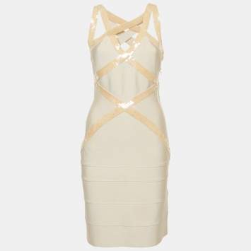 Herve Leger Beige Sequin Embellished Bodycon Dress M
