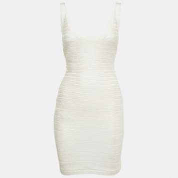 Pre Owned Herve Leger White Coated Knit Bandage Mini Dress S