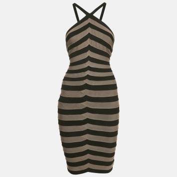 Pre Owned Herve Leger Black/Grey Knit Bandage Dress S