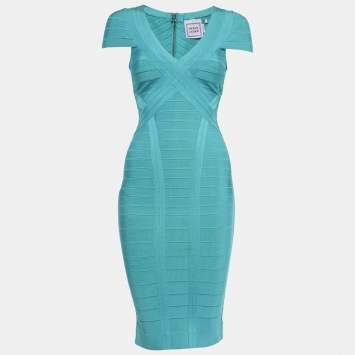 Pre Owned Herve Leger Blue Knit Bandage Layton Dress S