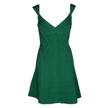 Pre Owned Herve Leger Pine Green Fit and Flare Sleeveless Mayra Dress M