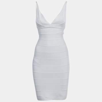 Pre Owned Herve Leger White Bandage Knit Mini Dress S