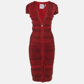 Pre Owned Herve Leger Red Printed Knit Plunge Neck Bandage Dress S