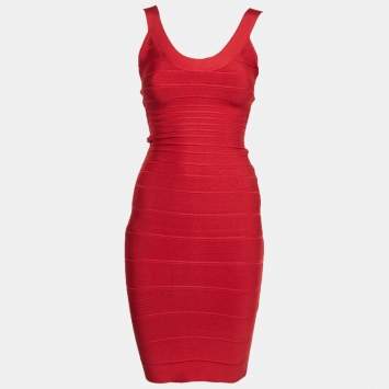 Pre Owned Herve Leger Red Jersey Bandage Bodycon Midi Dress XS