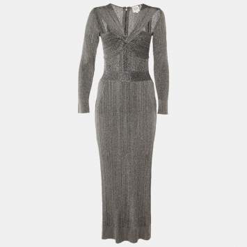 Pre Owned فستان سهرة هيرفي ليجري ميتاليك رمادي بأكمام طويلة صغير