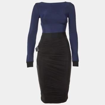 Pre Owned فستان هيرفي ليجي ضيق ثنيات تريكو وتول أزرق داكن XS