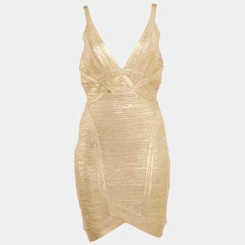 مملوكة مسبقًا Herve Leger Beige Metallic Coated Bandage Knit Ari Dress M