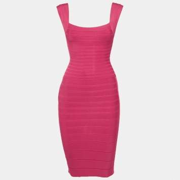 Pre Owned Herve Leger Pink Rayon Blend Bodycon Mini Dress XXS