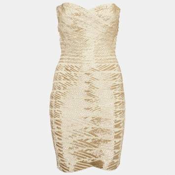 Pre Owned Herve Leger Beige/Gold Stretch Knit Beaded Mini Dress M