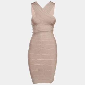 Pre Owned Herve Leger Beige Bandage Knit Stella Dress S