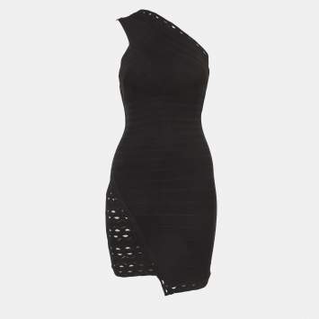 Pre Owned فستان ميني كتف واحد مطاطي أسود هيرفي ليجي صغير جداً