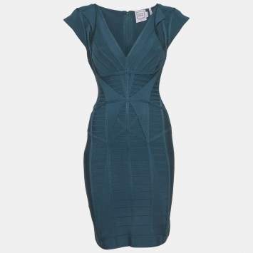 Pre Owned Herve Leger Teal Stretch Knit Bandage Mini Dress S