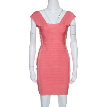 Pre Owned Herve Leger Blush Peach Sleeveless Bandage Dress S