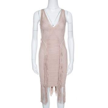 Pre Owned Herve Leger Beige Fringed Sleeveless Bandage Dress S
