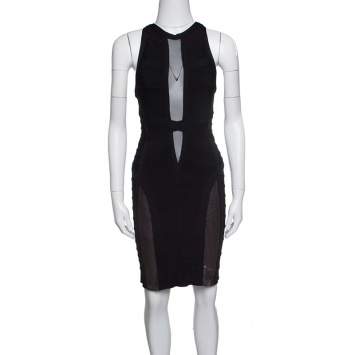 Pre Owned Herve Leger Black Mesh Insert Metallic Trim Racer Back Bandage Dress S