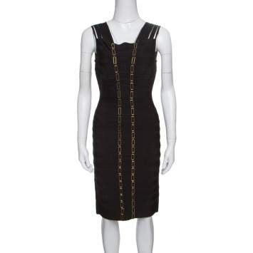 Pre Owned Herve Leger Black Metal Chain Link Detail Bandage Gemma Dress M