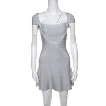 Pre Owned Herve Leger Icy Grey Cap Sleeve Makayla Bandage Skater Dress XXS