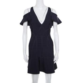 Pre Owned Herve Leger Indigo Cold Shoulder Estelle Bandage Dress S