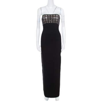 Pre Owned Herve Leger Black Sequin Grid Embellished Strapless Florence Bandage Gown XS