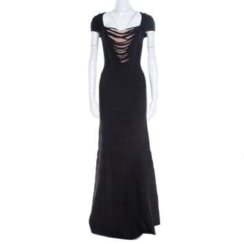 Pre Owned Herve Leger Black Knit Fringed Bodice Lora  Bandage Mermaid Gown XS