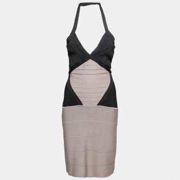 Pre Owned Herve Leger Colorblock Knit Halter Neck Bandage Dress S