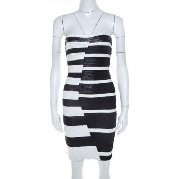 Pre Owned Hervé Leger Black and White Sequined Piano Strapless Cocktail Dress XS
