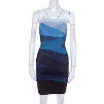 Pre Owned Herve Leger Ombre Blue Knit Strapless Bandage Mini Dress S 