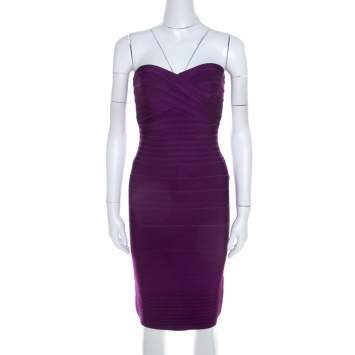 Pre Owned Herve Leger Purple Knit Strapless Signature Essential Dress XS 