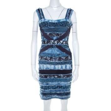 Pre Owned Herve Leger Blue Knit Denim Patch Detail Bandage Dress XS 