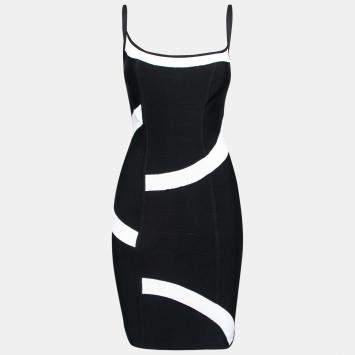 Pre Owned Herve Leger Monochrome Patterned Knit Sleeveless Bandage Dress S
