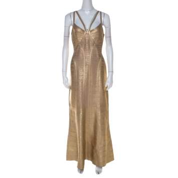Pre Owned Herve Leger Gold Brushed Effect Bandage Gabriela Gown L