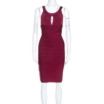 Pre Owned Herve Leger Dark Maroon Keyhole Detail Iridessa Bandage Dress M