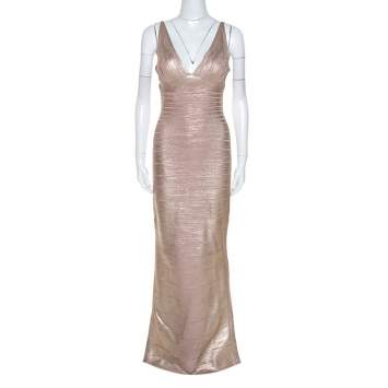 Pre Owned Herve Leger Metallic Rose Gold Foil Knit Bandage Maxi Dress M