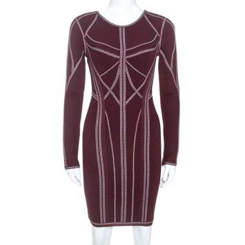 Pre Owned Herve Leger Burgundy Long Sleeve Metallic Trim Elaina Bodycon Dress XS