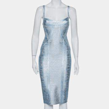 Pre Owned Herve Leger Blue Crushed Metallic Knit Bandage Dress M