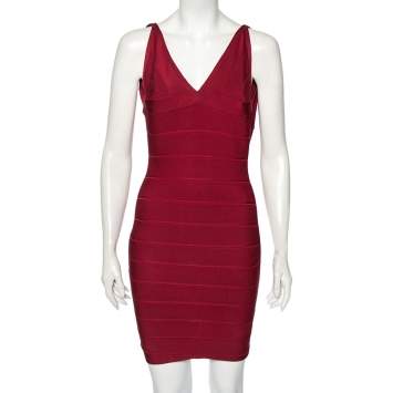 Pre Owned Herve Leger Burgundy Lauren Bandage Cocktail Dress XS